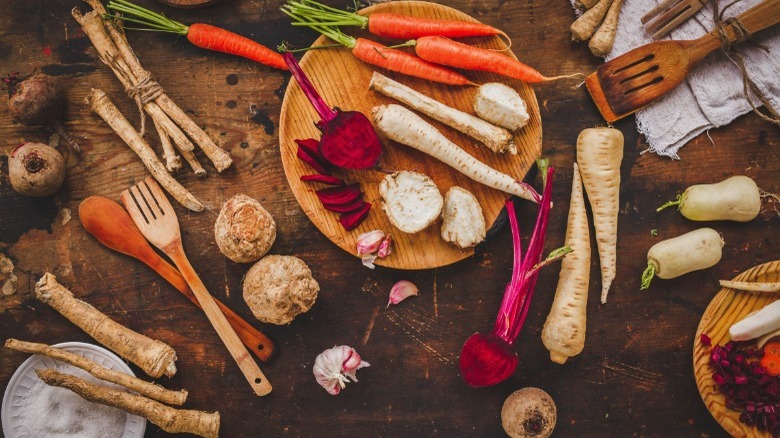 root vegetables on table