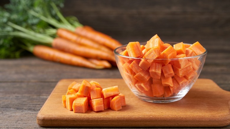 diced carrots in bowl on table