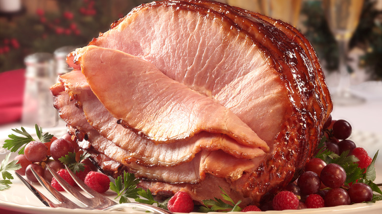 glazed spiral ham on platter