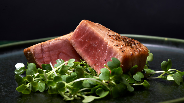 Cooked tuna steaks with sprouts