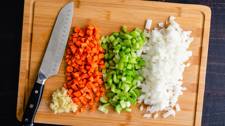 Chopped mirepoix on cutting board