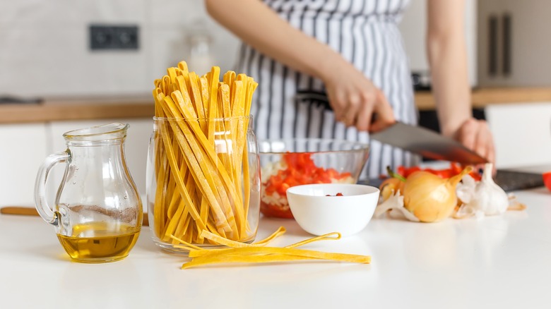 Cutting vegetables for pasta dish