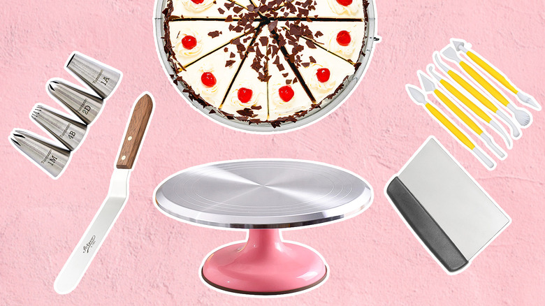 Various pieces of cake-making equipment on pink background