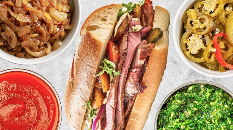 steak sandwich surrounded by toppings