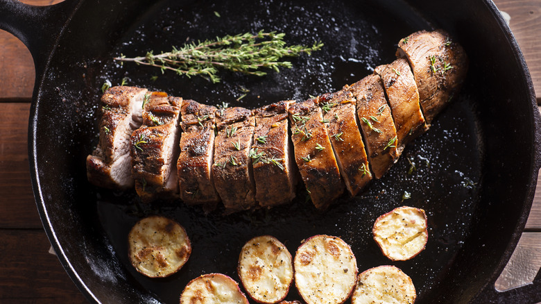 Pork tenderloin in a skillet