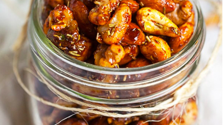 Maple roasted nuts in glass jar 