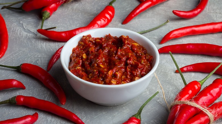 Harissa sauce in white bowl 