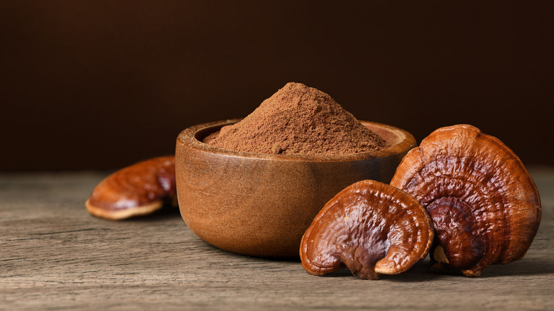 Mushroom powder in a wooden bowl