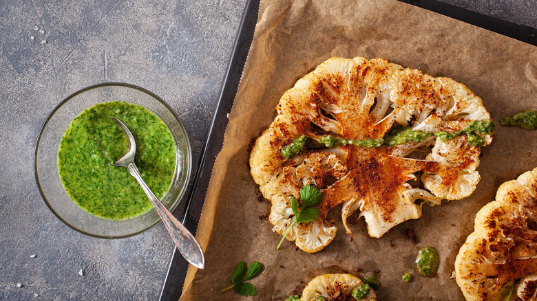 Cauliflower steak with spicy sauce