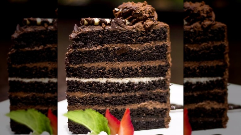 side view of sliced 7-layer chocolate cake