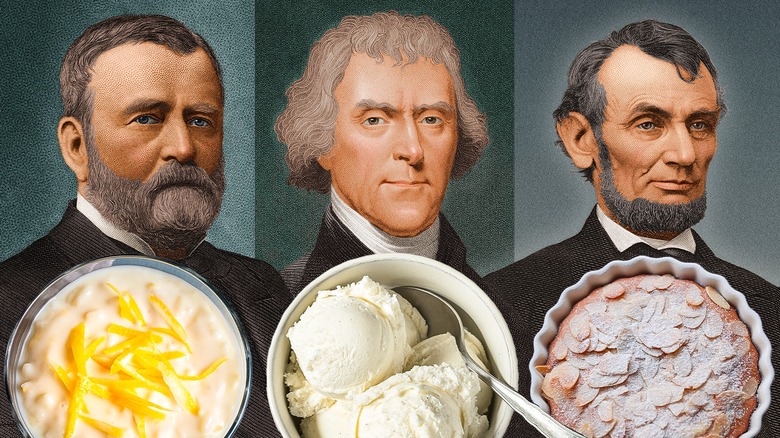 Split image portraits of Ulysses S. Grant, Thomas Jefferson, and Abraham Lincoln with images of their favorite desserts pictured below each.