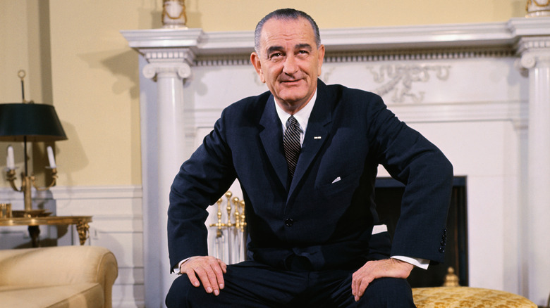 Lyndon B. Johnson smiling in the Oval Sitting Room