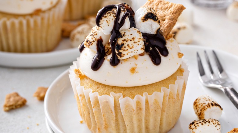 Vanilla cupcake topped with marshmallows