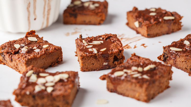 Sweet potato brownies on white surface