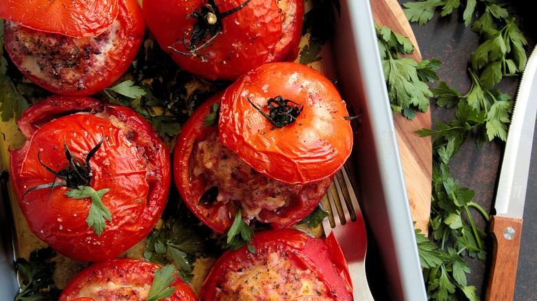 Pan of stuffed baked tomatoes