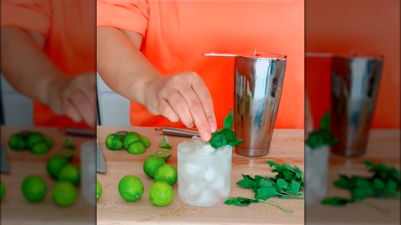 Garnishing a ranch water cocktail with mint