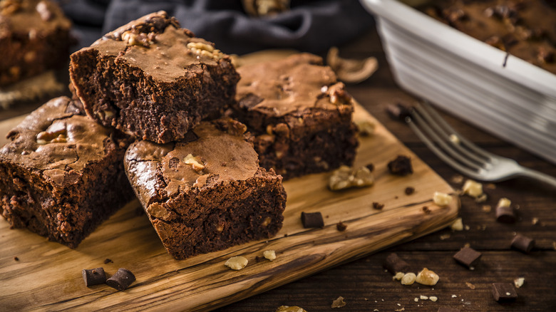 sliced brownies on wooden board