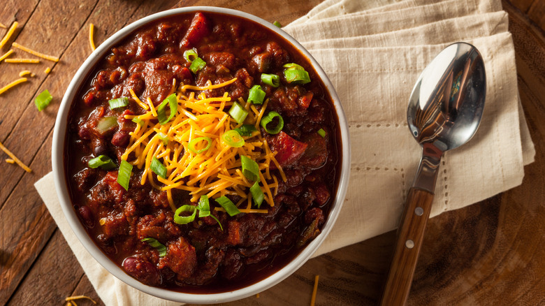 bowl of chili with cheese