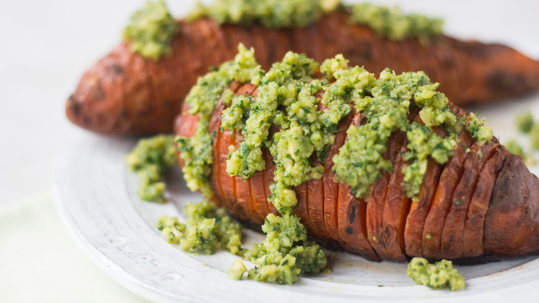 pesto hasselback sweet potatoes 