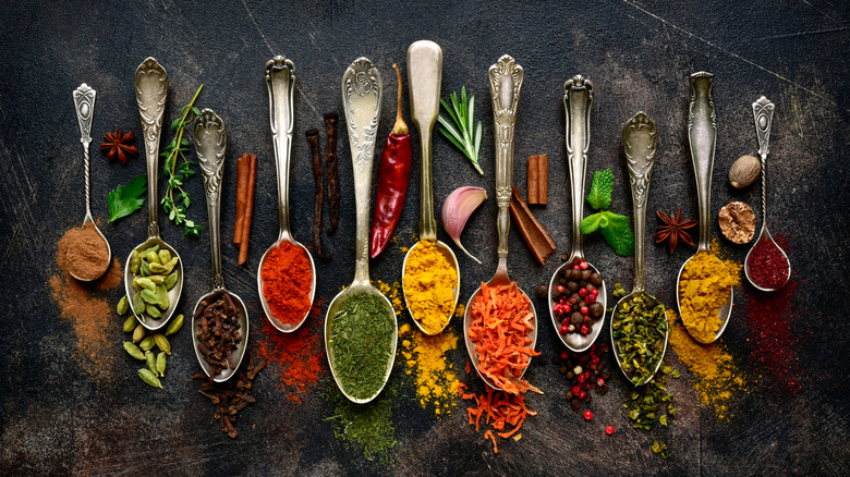 Spoons of assorted spices