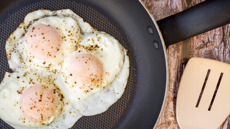 Over-easy eggs in a pan