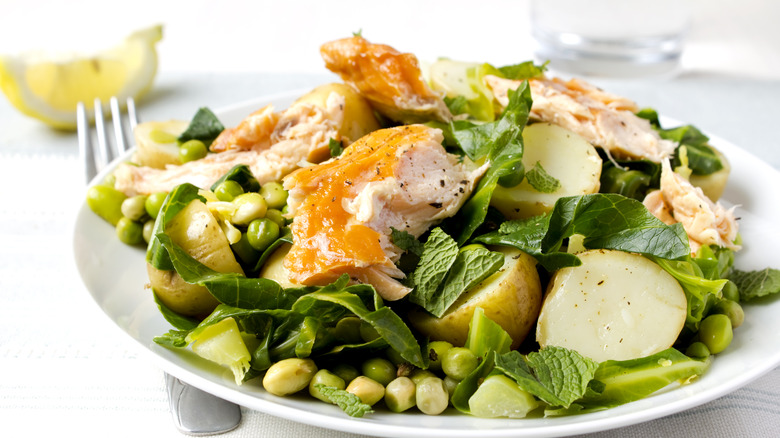 Salmon salad on plate