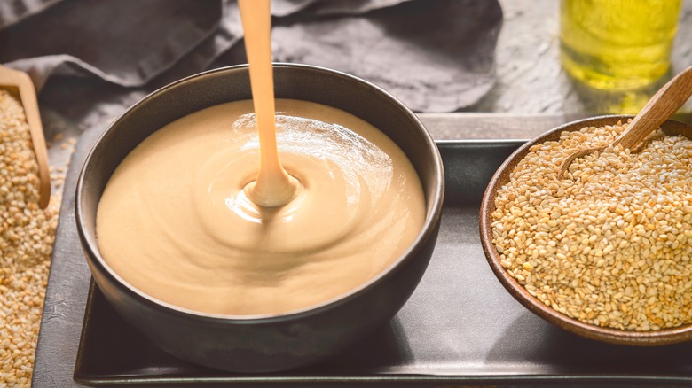 Bowl of tahini and sesame seeds