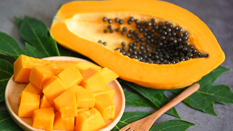 Papaya chopped on table