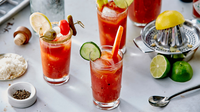 Bloody Marys with garnishes