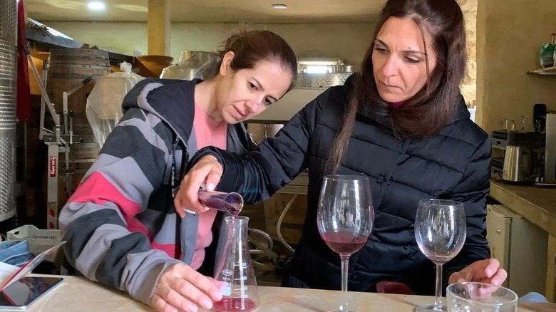 Claudine Lteif and Michelle Chami of Heya wines blending wines in cellar