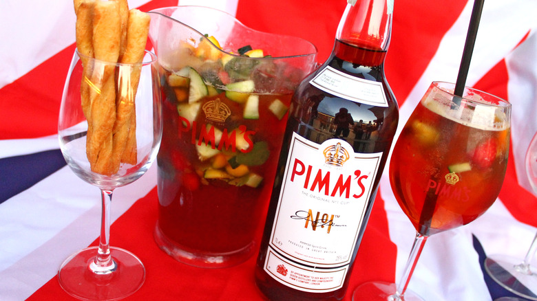 Bottle, pitcher, and glass of Pimm's