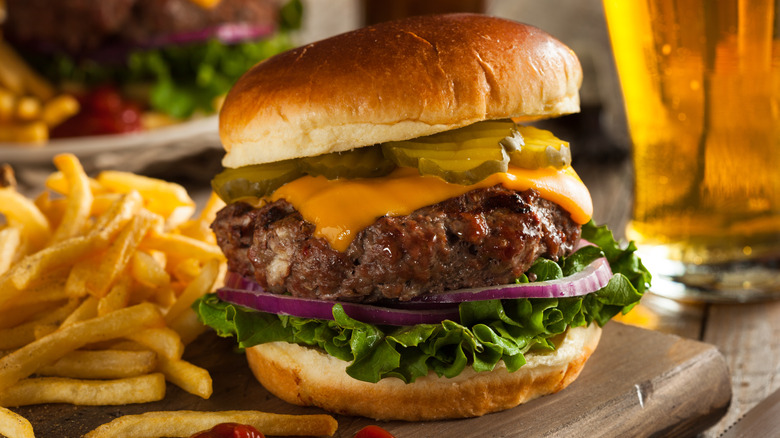 bison burger fries and beer