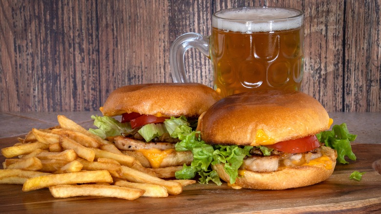 chicken burgers fries and beer