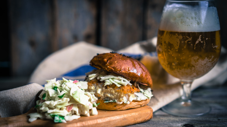 coleslaw fish burger and beer