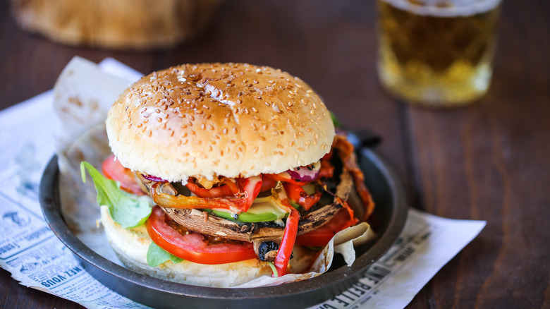 portobello mushroom burger with beer