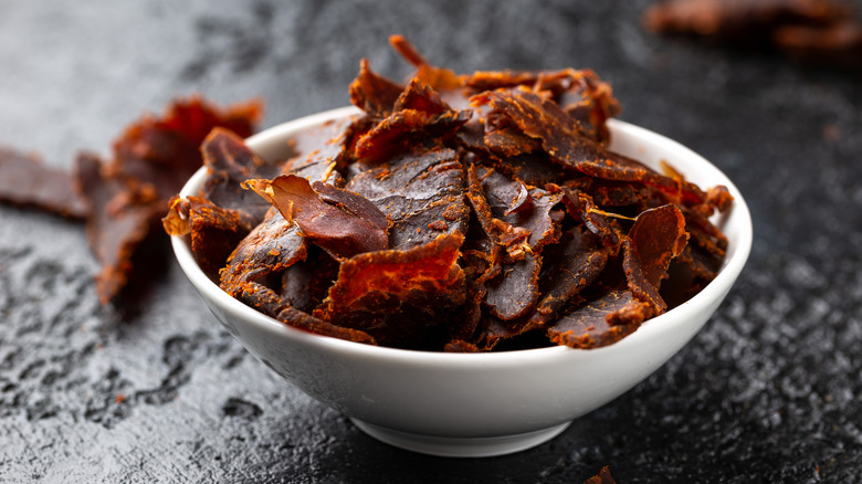 bowl of dried beef jerky