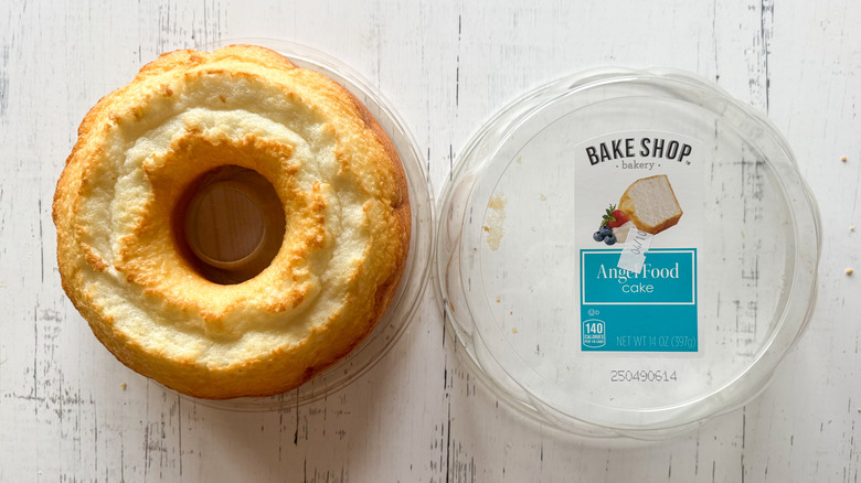 Bake Shop angel food cake and container on a white board