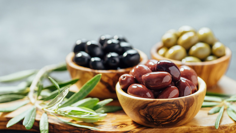 bowls of tri-colored olives