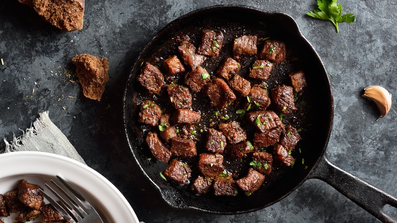 steak bites in pan