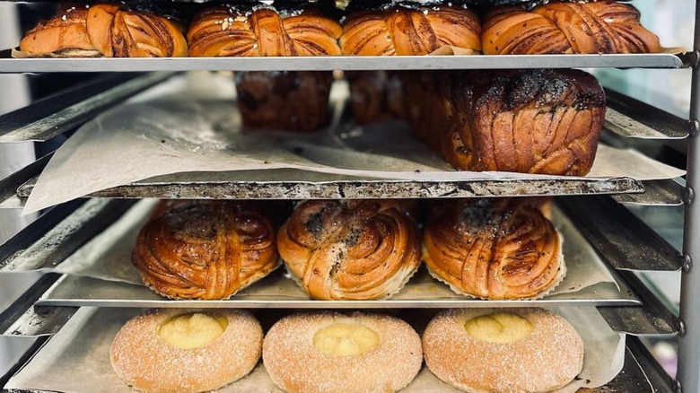 rack of bakery buns on four levels