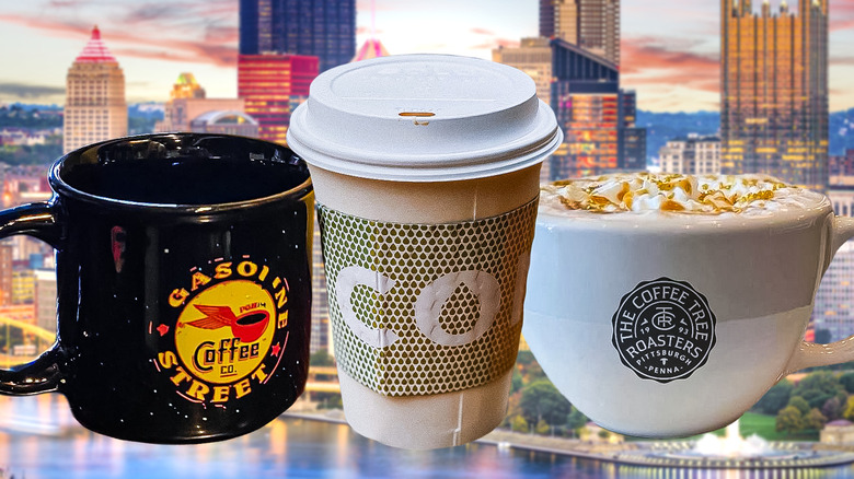 Coffee cups on Pittsburgh skyline