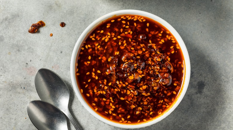 Chili oil in white dish