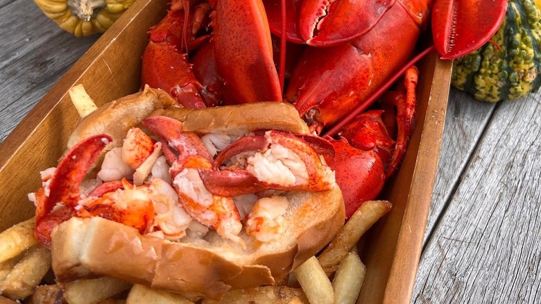 Lobsters next to a lobster roll