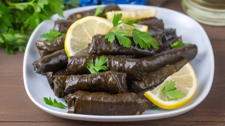 Stuffed vine leaves on plate