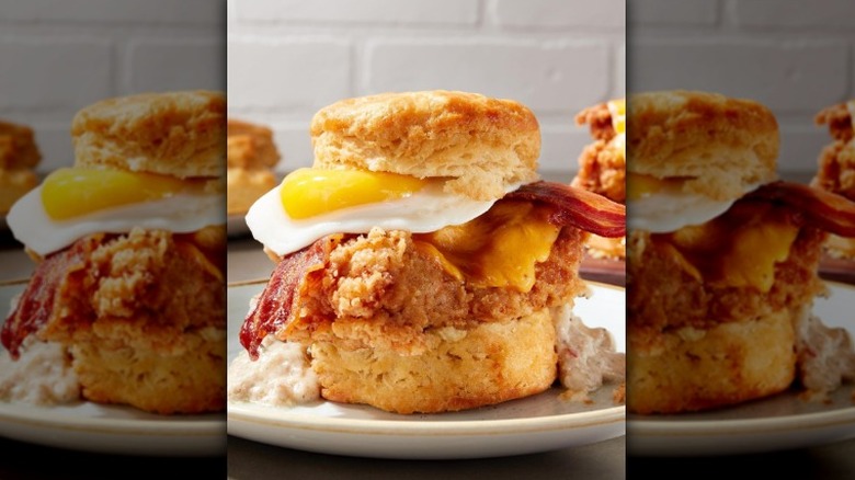 Biscuit, bacon, egg, and chicken sandwich