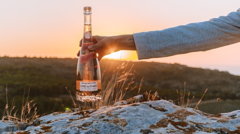 holding rose bottle at sunset