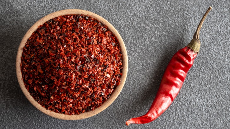 A bowl of red pepper flakes