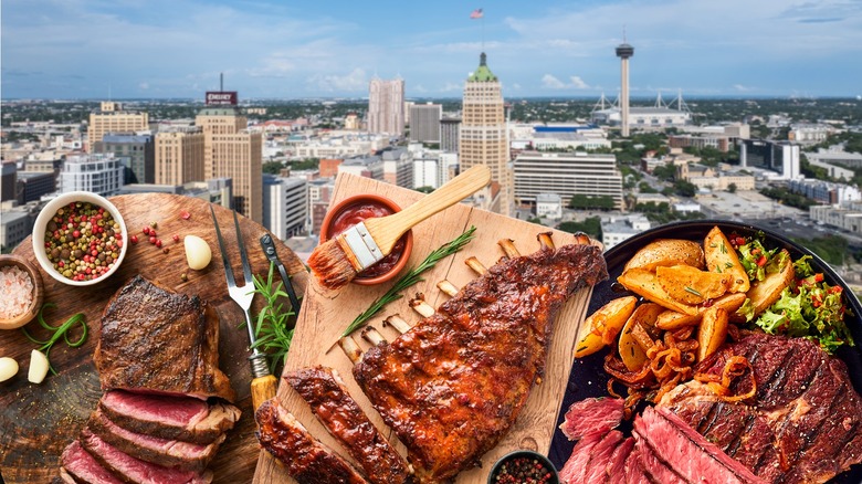 Various steak dishes with San Antonio in the background