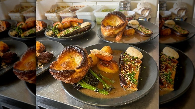 kitchen counter with roast dinners