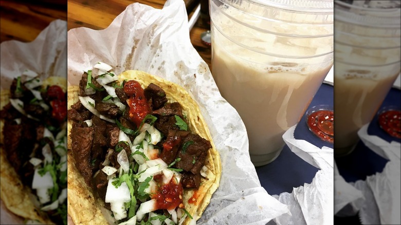 Steak taco and horchata